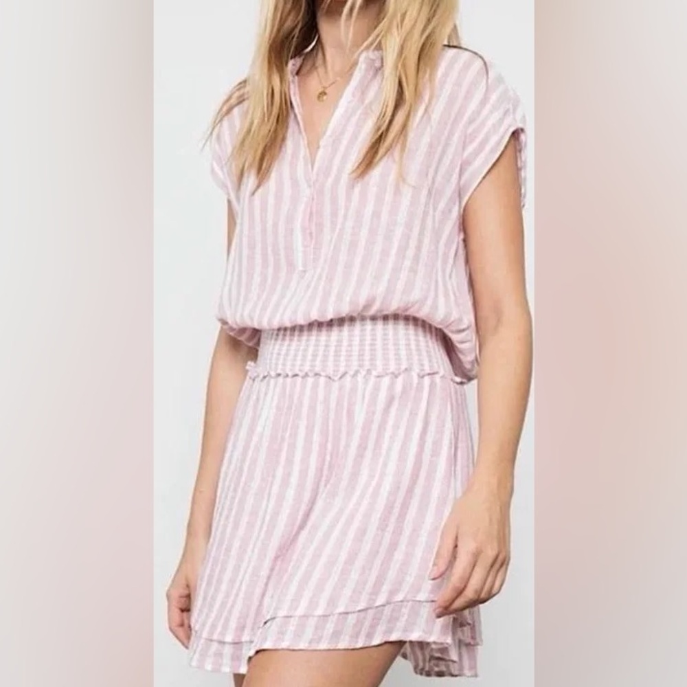 Rails Angelina Rose Pink‎ White Stripe Linen Blend Smocked Mini Dress S